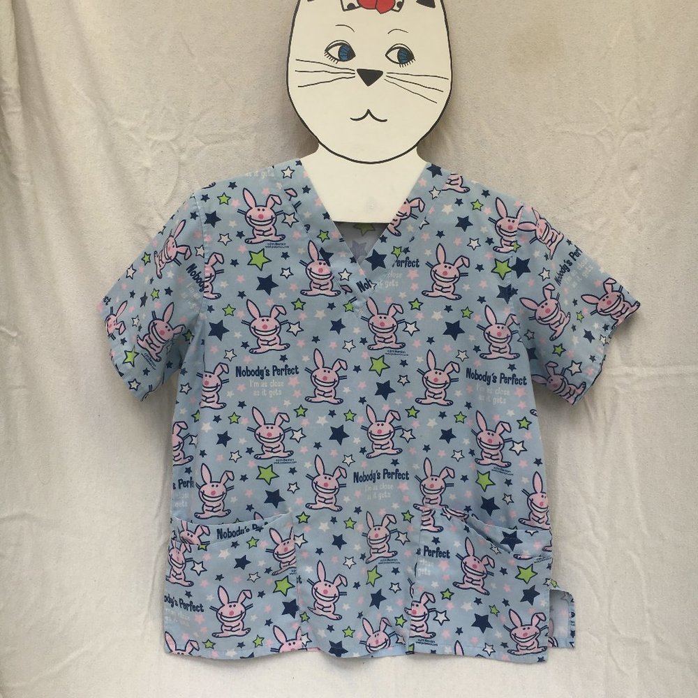Scrub Top Shirt Happy Bunny Blue Large